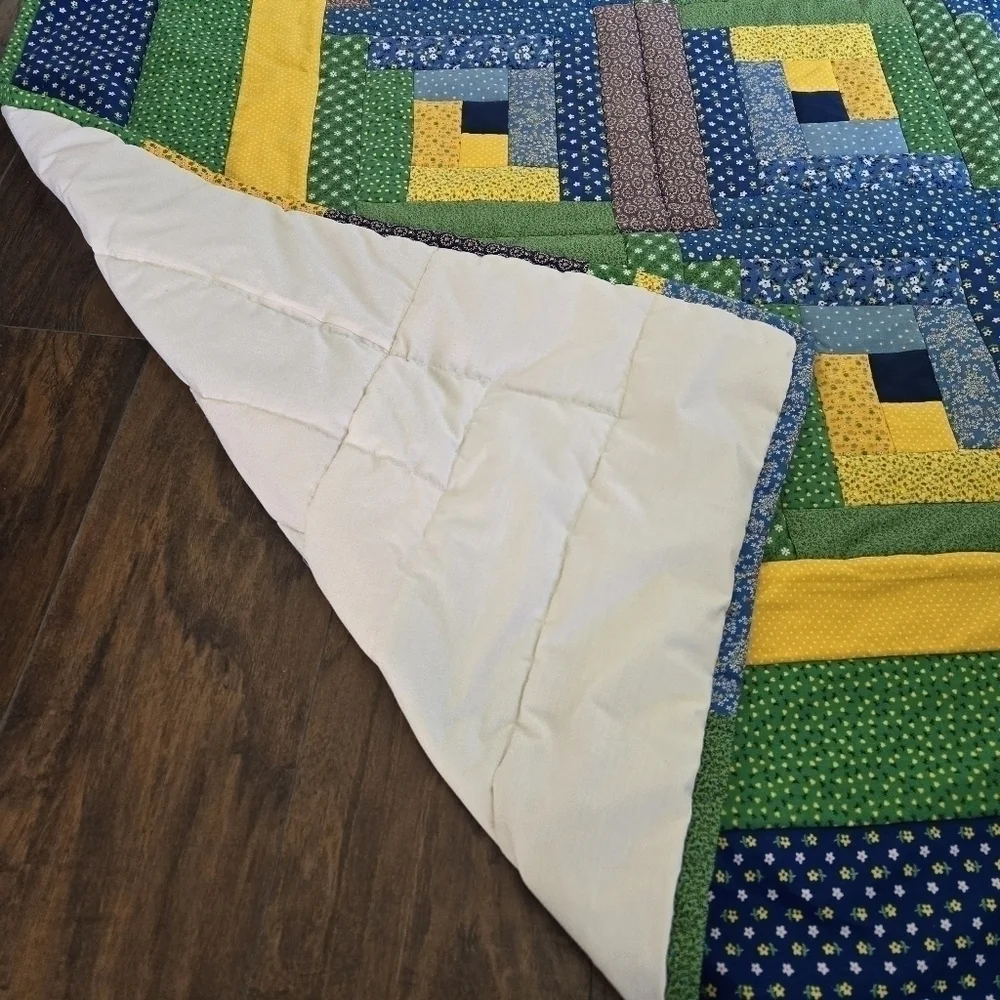 Handmade Patchwork Quilt Tumbling Blocks Blue Green Yellow Full Twin Lap Blanket